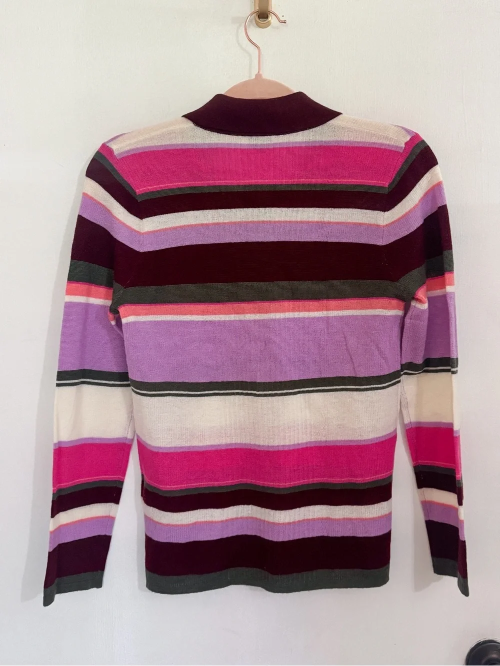 Kate Spade Fine Striped Polo Wool Sweater in Pink, Burgundy & White NWOT Small